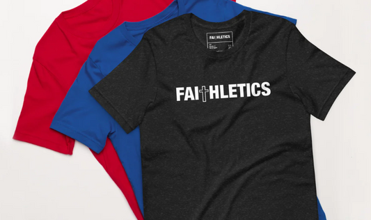 The Faithletics T-shirt in red, blue, and black colors.